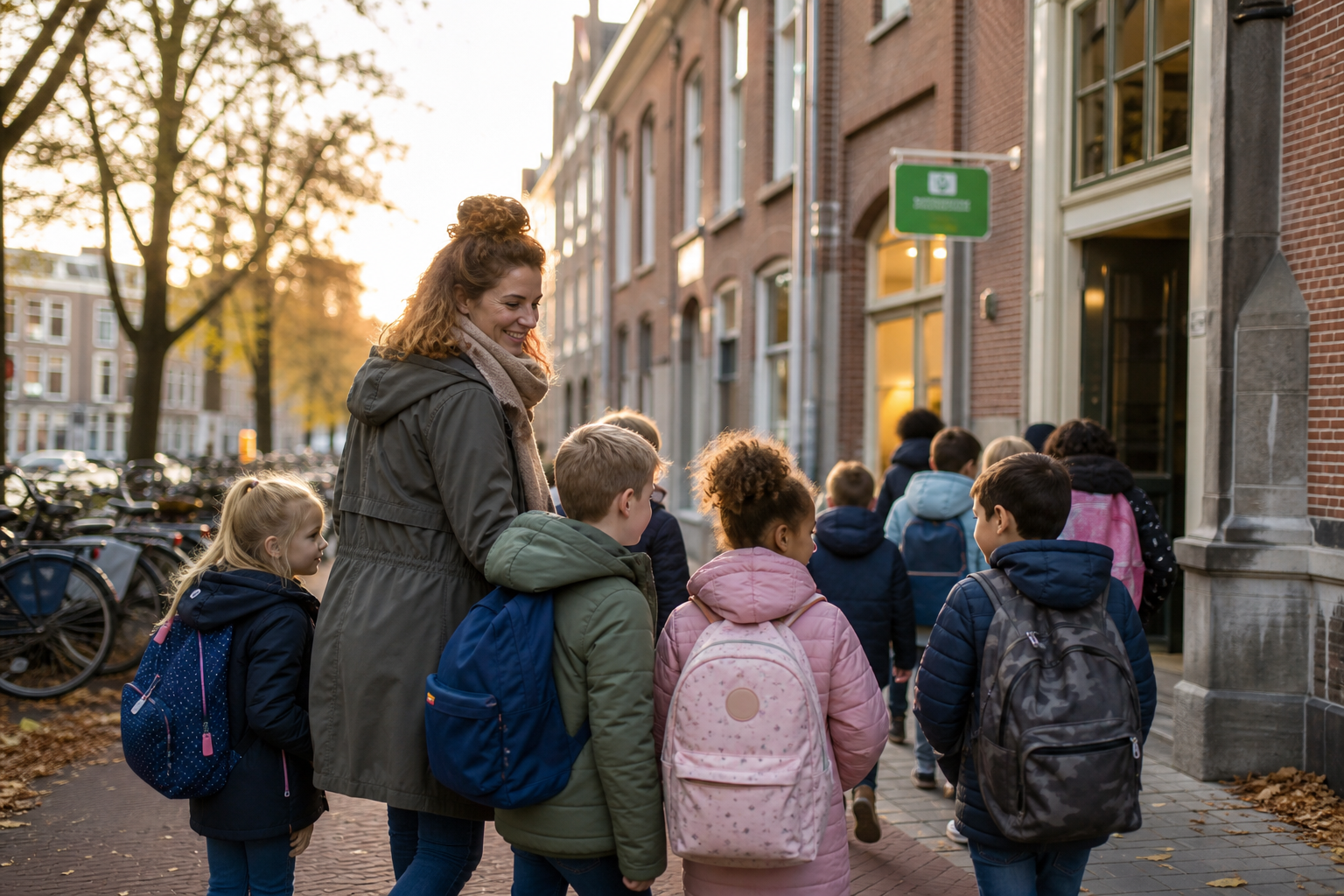 Photorealistic editorial photo of a before-school care caregiver escorting a diverse group of primary-school children with backpacks along a Dutch brick sidewalk toward a basisschool entrance at sunrise — parked bicycles, canal houses, soft golden morning light, calm school drop-off walk.