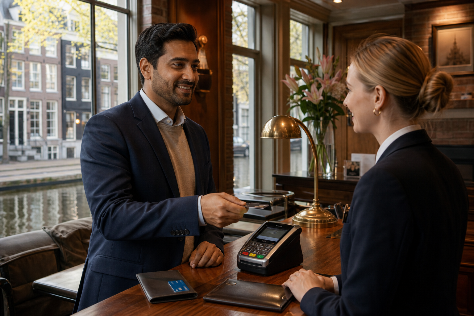 Photorealistic Dutch hotel reception desk: multicultural expat presenting a credit card for a deposit hold while a debit pinpas rests in a wallet nearby, canal-house daylight and soft wood tones — credit as a specialist tool in the Netherlands.