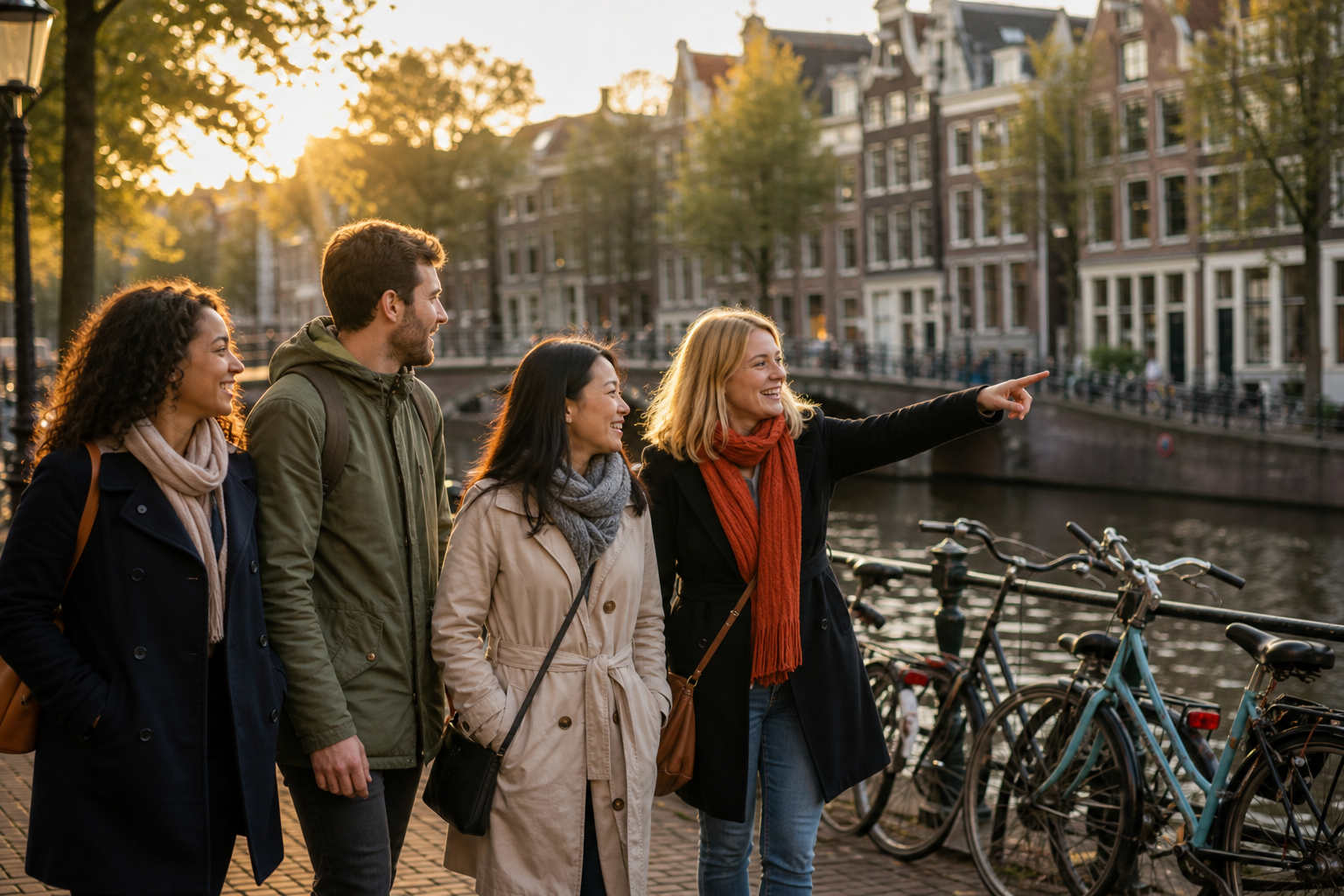 Photorealistic editorial photo of a hopeful newcomer joining a small multicultural walking group on a brick Amsterdam canal path at golden hour — bicycles against the railing, Dutch gabled houses across the water, warm conversation and community energy.