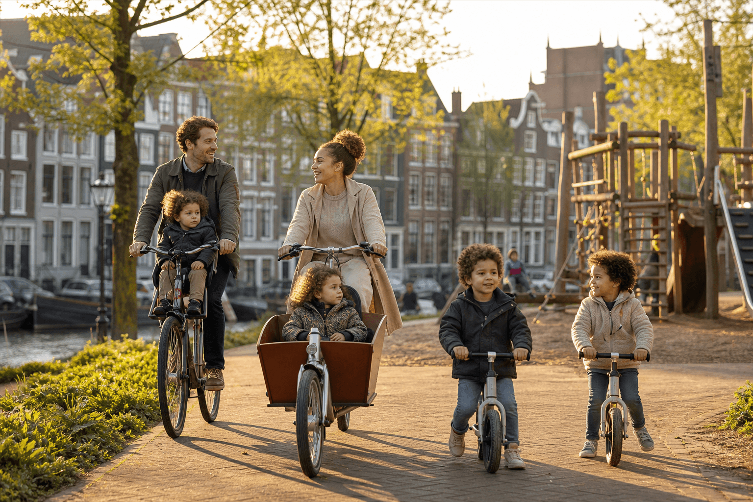Photorealistic golden-hour scene of a multicultural family cycling along a Dutch canal park path — parents with a bakfiets and child seats, kids on balance bikes near a playground, brick townhouses and trees in soft afternoon light.