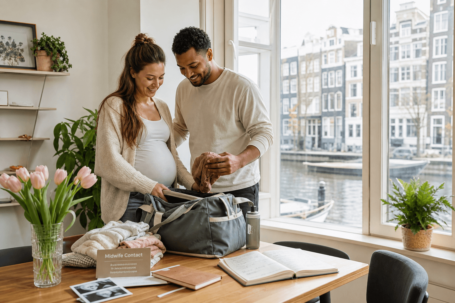 Photorealistic calm Dutch birth-day preparation scene: multicultural expectant couple packing a hospital bag on a kitchen table with a midwife contact card, soft canal-house daylight, welcoming atmosphere, no graphic birth imagery.