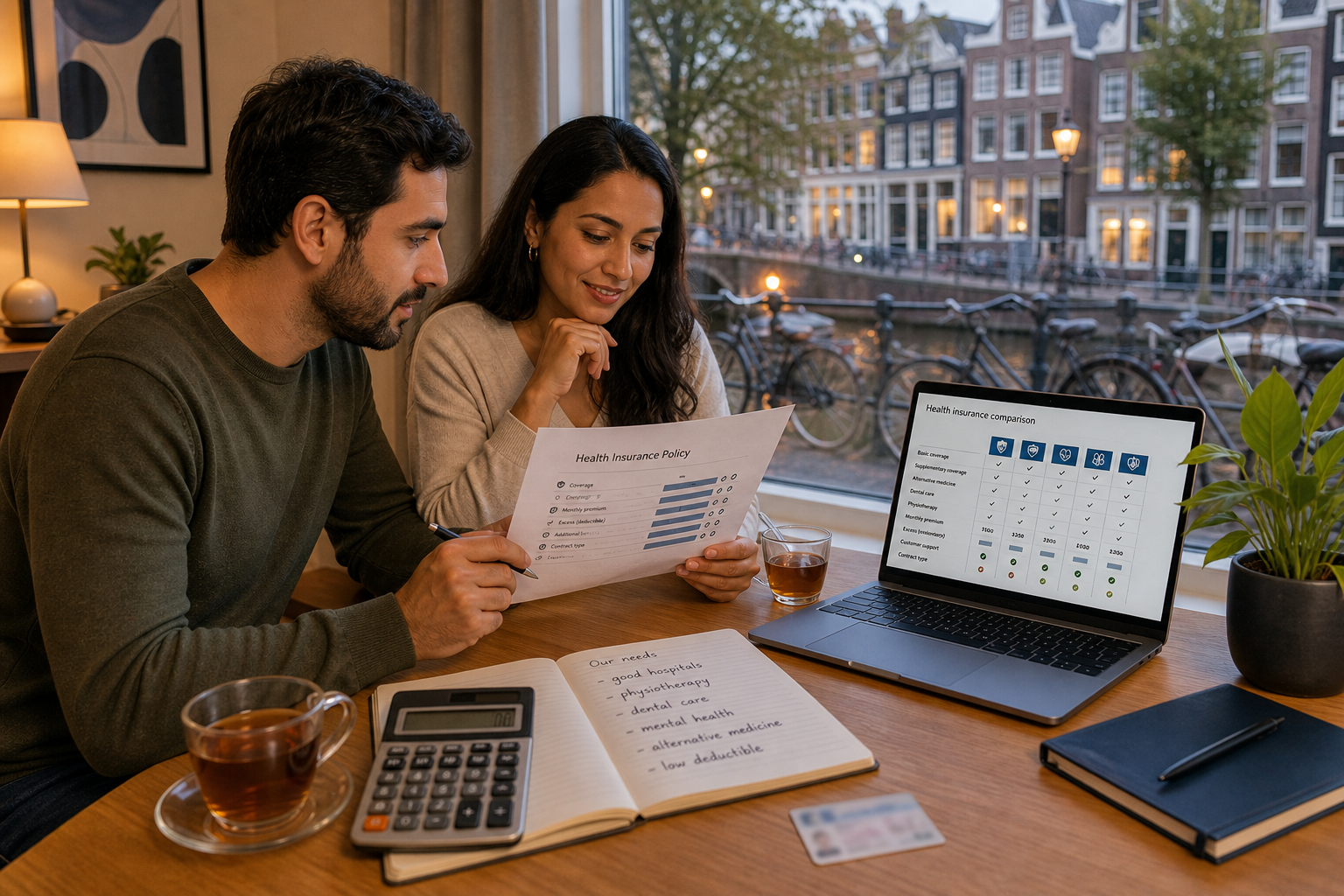 Unique photorealistic Dutch canal-side apartment desk scene — multicultural expat couple comparing Dutch health insurance policy documents and a laptop comparison checklist, tea cups and BSN cards nearby, soft evening light, calm and organised atmosphere, no insurer logos or fake awards.