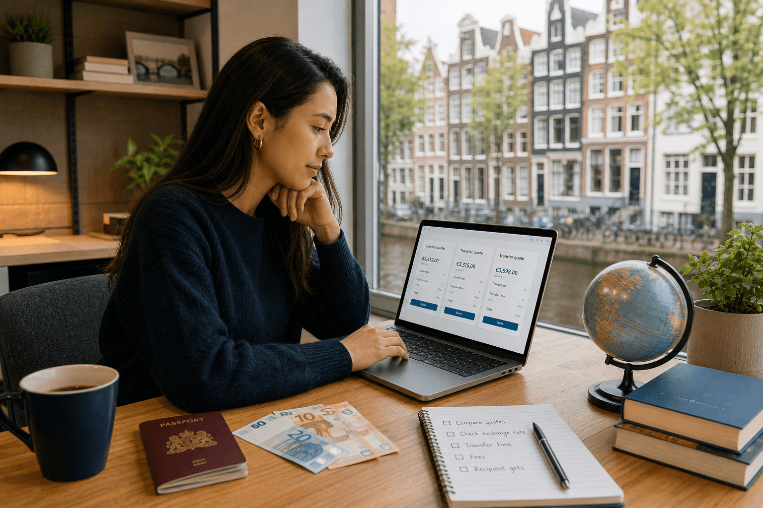 Photorealistic Dutch home-office desk: multicultural expat comparing transfer quotes on a laptop beside a passport, euro notes and a small globe, soft canal-house daylight — sending money abroad from the Netherlands.