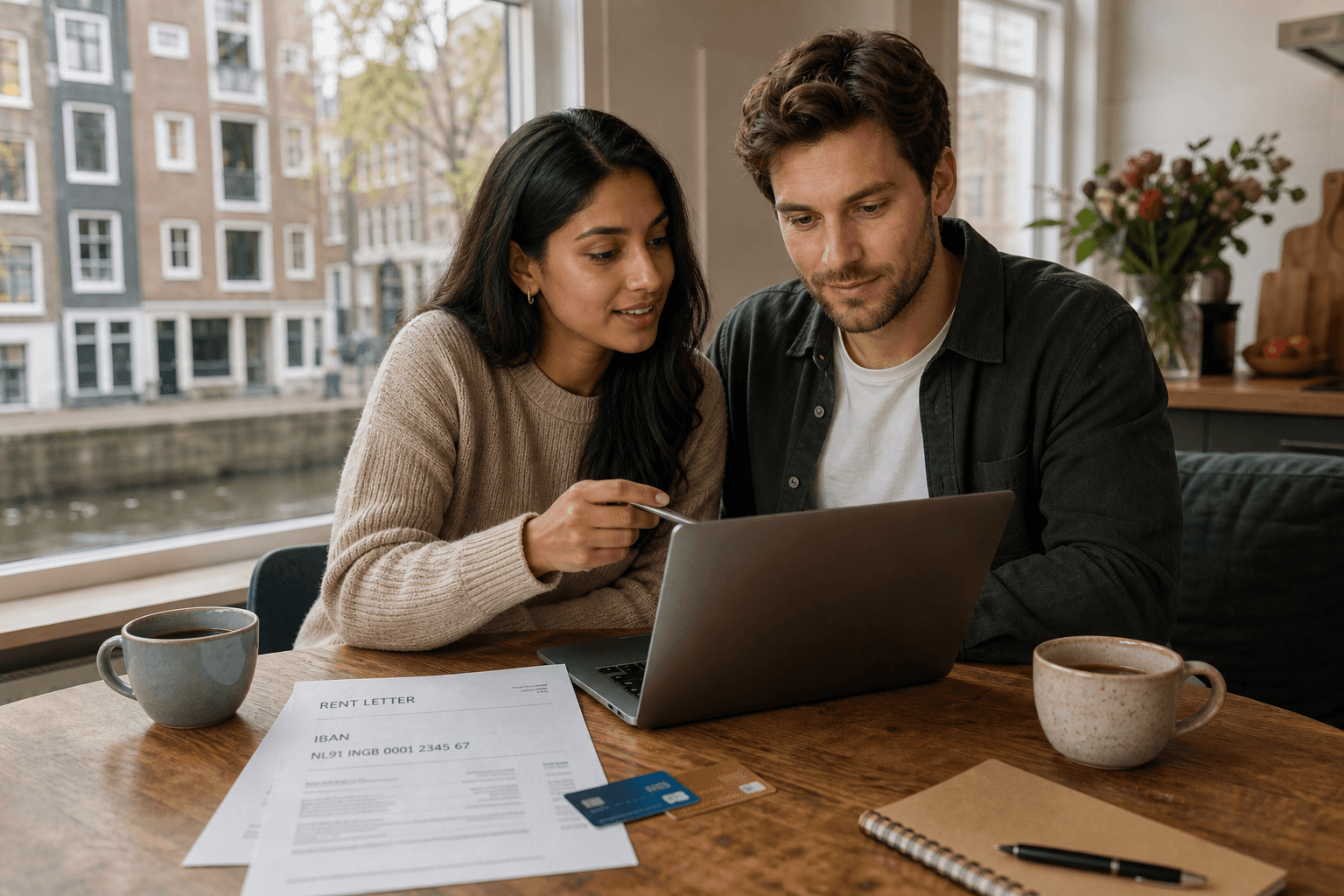 Photorealistic Dutch apartment kitchen table: multicultural couple reviewing a shared household budget on a laptop beside two debit cards and a rent letter, soft canal-house daylight through the window.