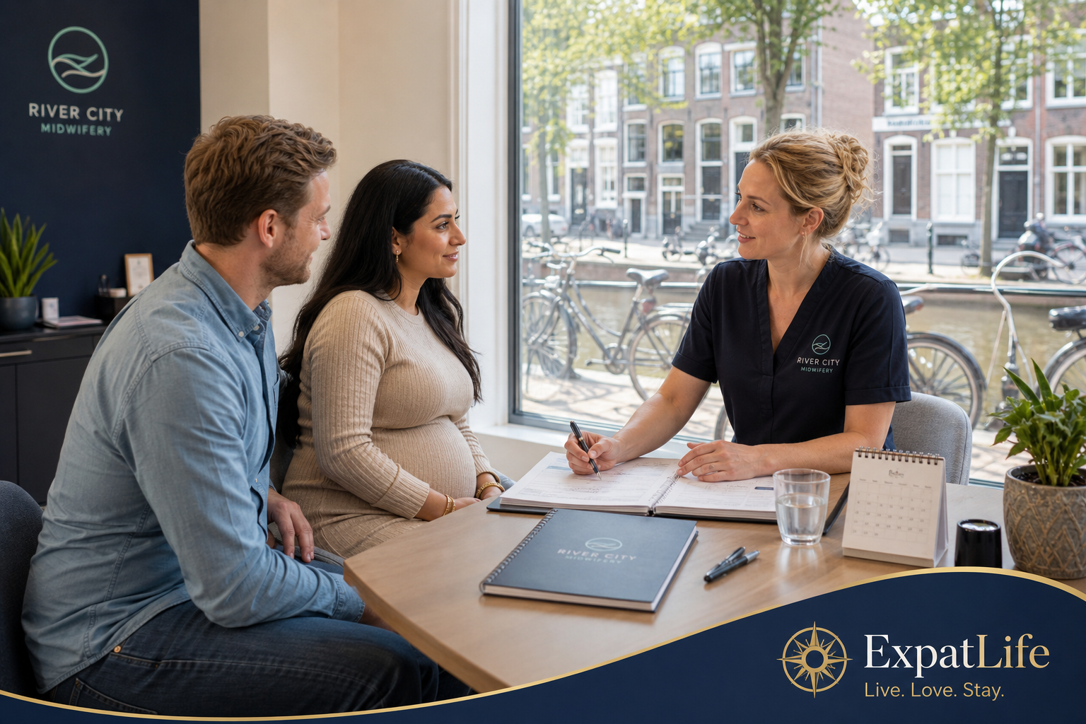 Unique photorealistic calm Dutch midwife consultation — multicultural pregnant expat and partner seated with a verloskundige at a bright practice desk, pregnancy notes and calendar on the table, canal-street light through the window, welcoming atmosphere, no graphic birth scenes.