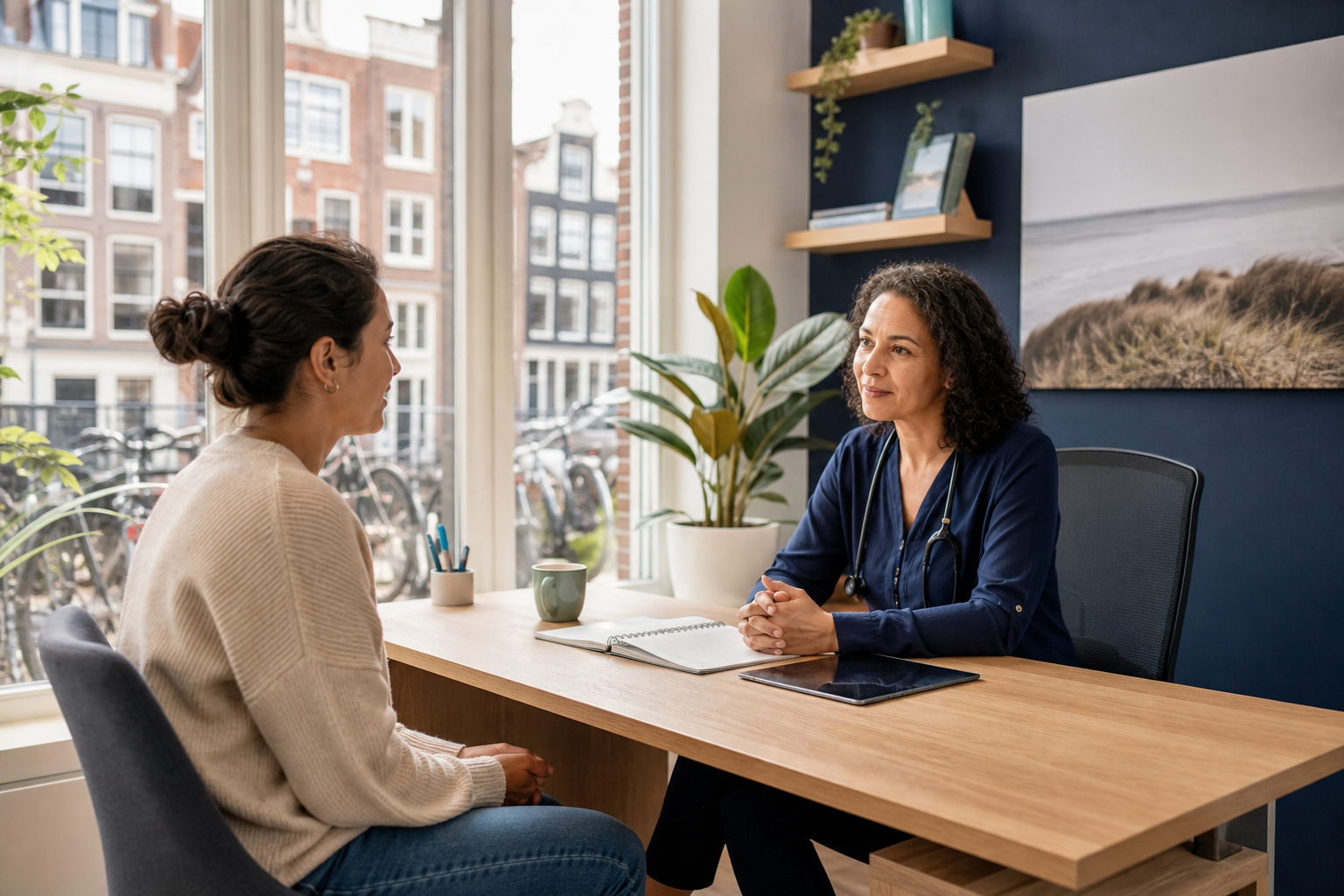 Unique photorealistic calm Dutch primary-care consultation — multicultural expat adult and huisarts at a light desk with a quiet waiting-room corridor beyond, soft afternoon light through canal-house windows, bicycles outside, supportive and composed atmosphere with no distress imagery.