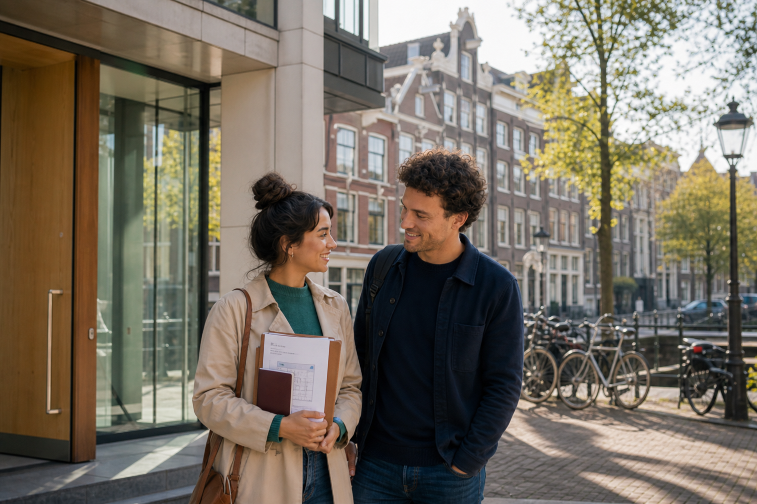 Photorealistic scene of an international couple outside a modern Dutch gemeente city hall on a bright morning, holding a folder with passport, rental contract and appointment confirmation, with bicycles, canal houses and a tree-lined street in the background.