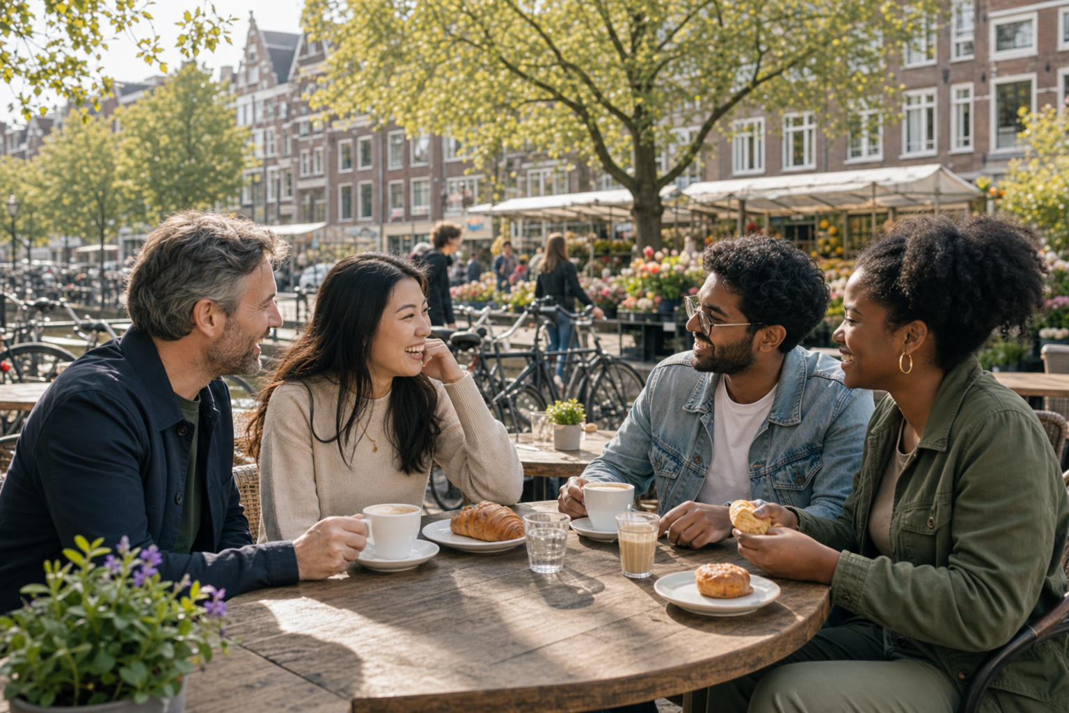 Photorealistic scene of a diverse group of international residents laughing together at an outdoor neighborhood café beside a Dutch canal, with brick townhouses, bicycles and a small market in the background on a sunny afternoon.