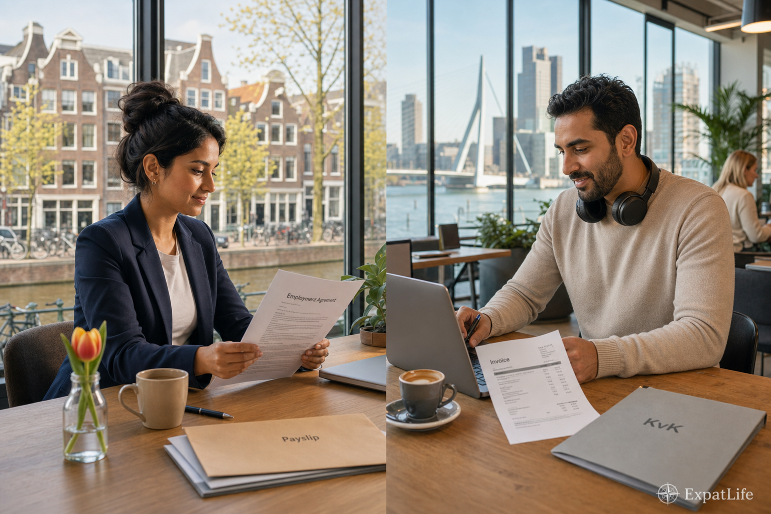 Photorealistic split-scene editorial photo — left: international employee reviewing an employment agreement at an Amsterdam office desk with canal houses through the window; right: independent contractor working on a laptop with KvK folder and invoice at a Rotterdam coworking space with the Erasmus Bridge visible outside. Both portrayed positively as balanced work-model choices.