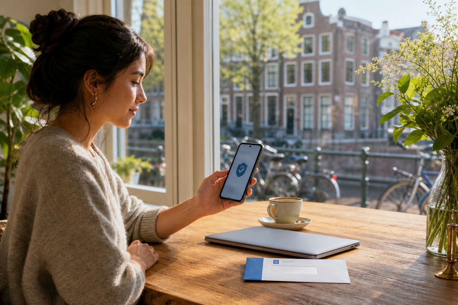 Photorealistic editorial photo of an international professional at a sunlit Dutch apartment table with canal houses outside the window, reviewing a smartphone beside an official government envelope and closed laptop — calm trusted digital identity mood for DigiD, with no visible passwords or codes.