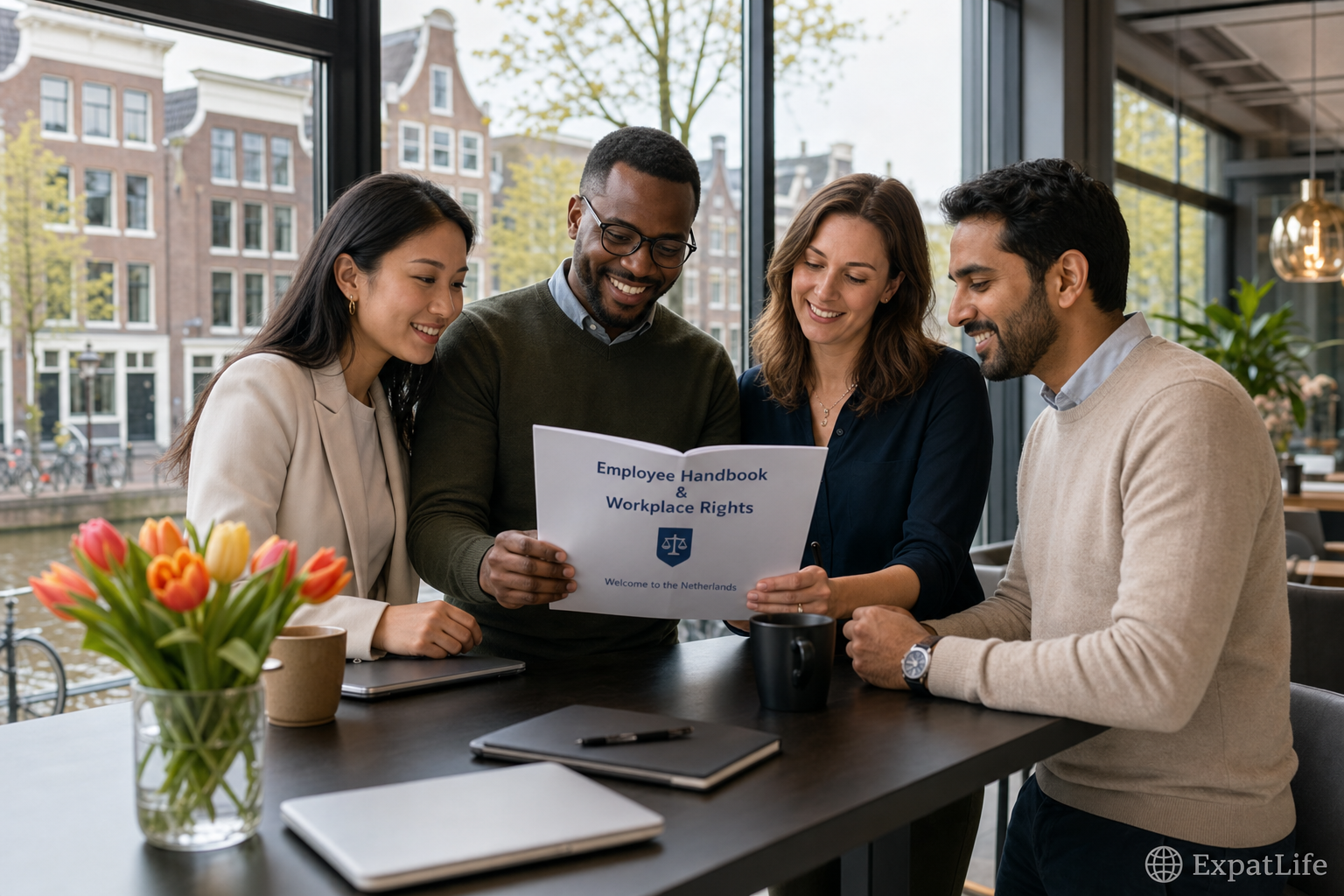 Photorealistic editorial photo of a diverse international team reviewing an Employee Handbook and workplace rights welcome folder together in a bright Amsterdam office lounge, with Dutch canal houses and bicycles visible through the window — positive collaborative onboarding atmosphere.