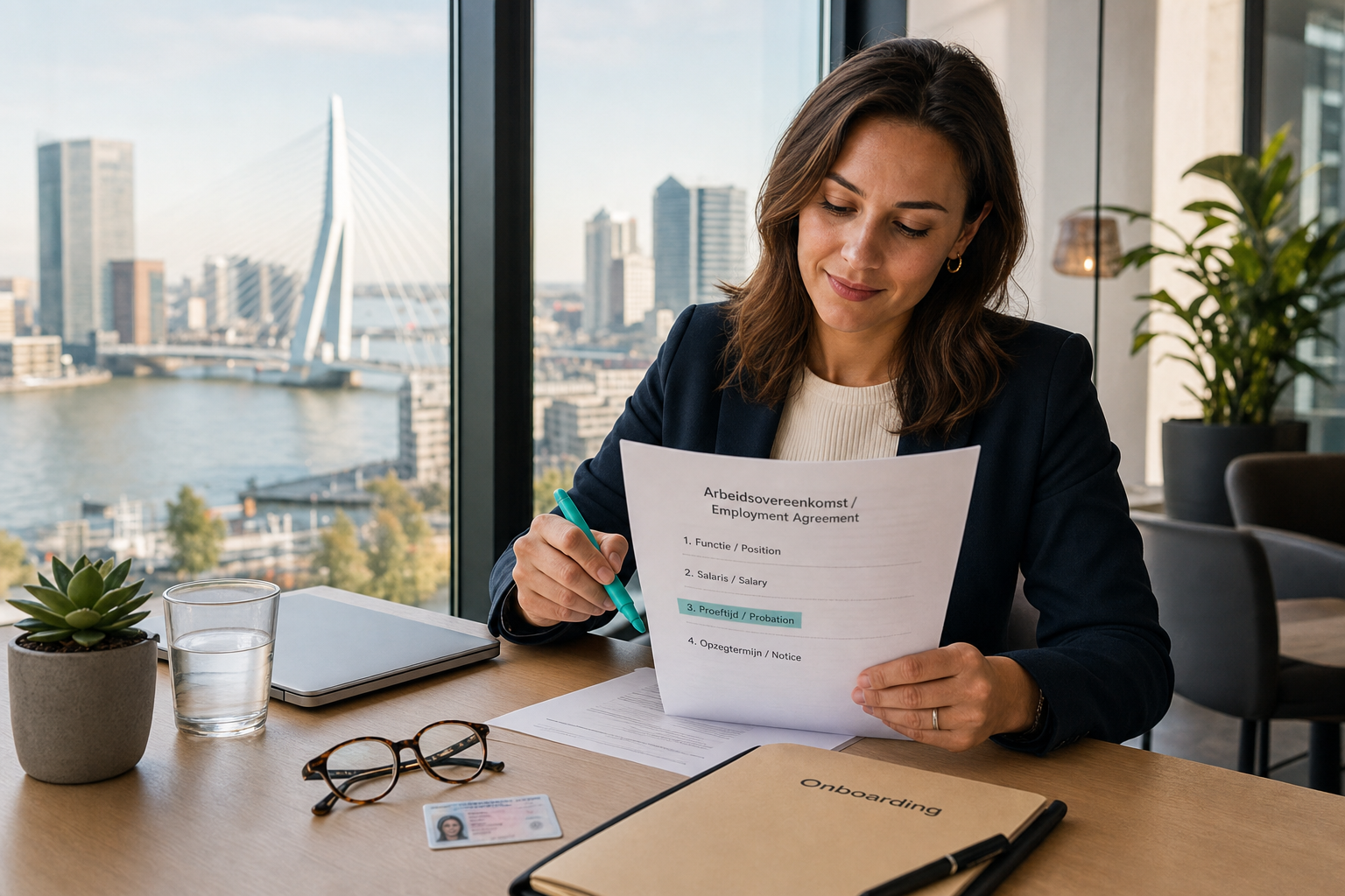 Photorealistic editorial photo of an international professional reviewing a bilingual Dutch employment contract at a bright modern Rotterdam office desk, highlighting the probation clause, with the Erasmus Bridge and harbour skyline visible through the window.