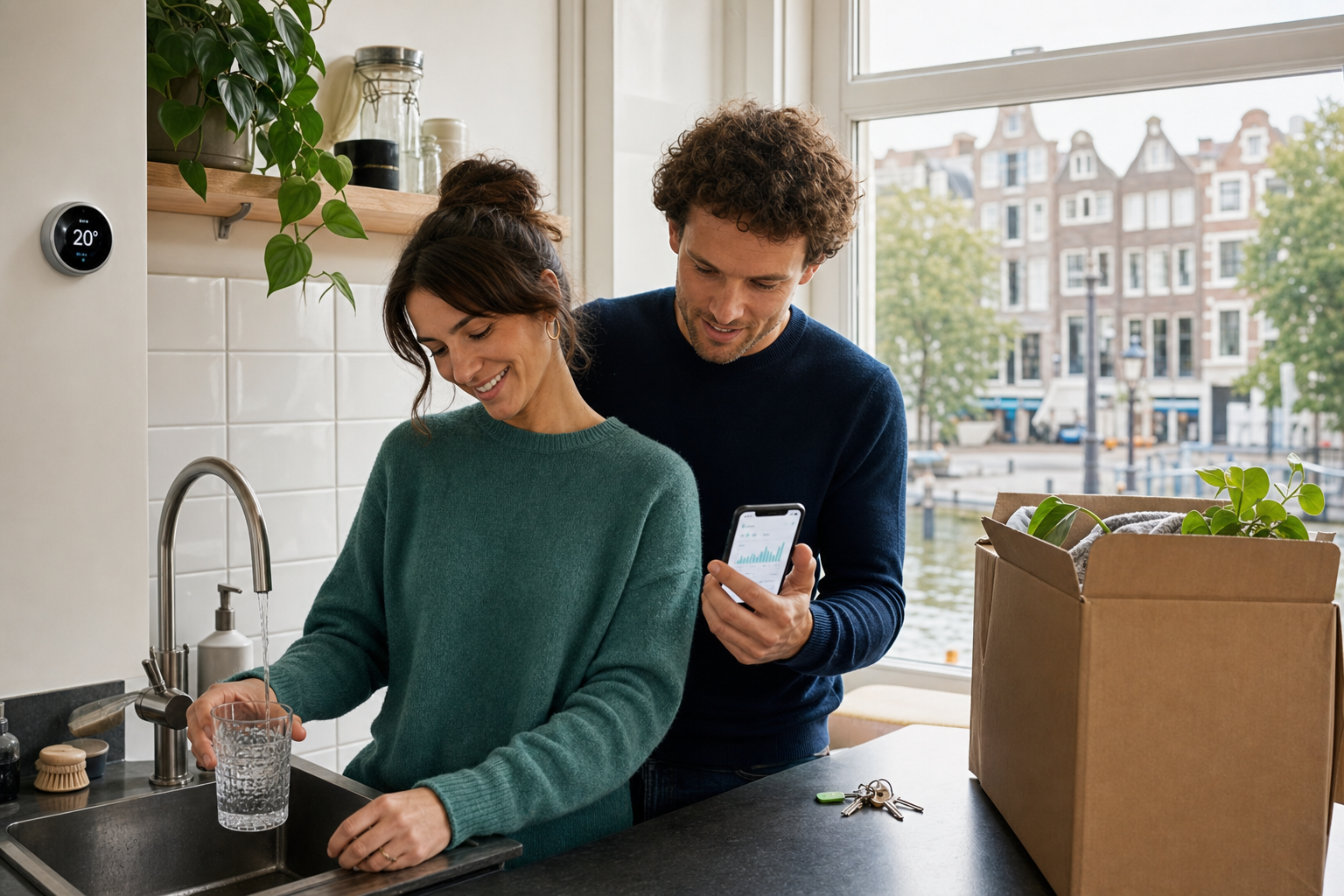 Photorealistic editorial scene of a couple in a modern Dutch kitchen setting up energy and water utilities after moving, with tap water, a smart thermostat and canal houses visible through the window.