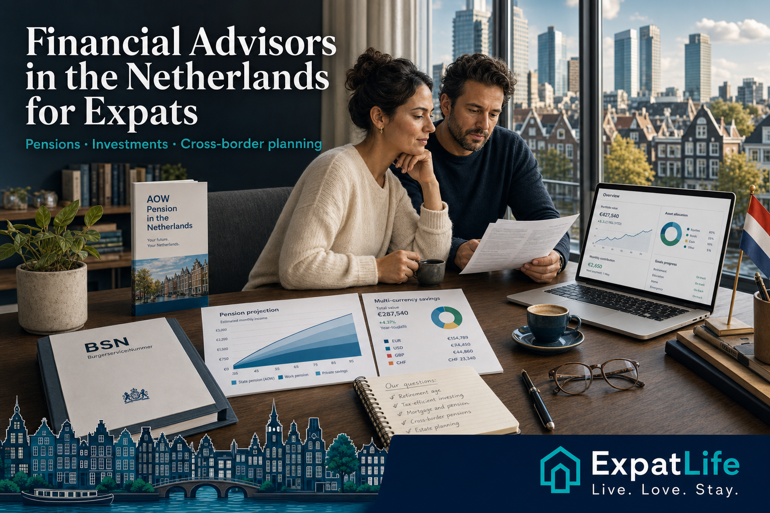 Photorealistic editorial scene of an international professional couple reviewing pension projections, mortgage notes and multi-currency savings at a modern Amsterdam home office, with Dutch canal houses and the Zuidas skyline visible through the window.