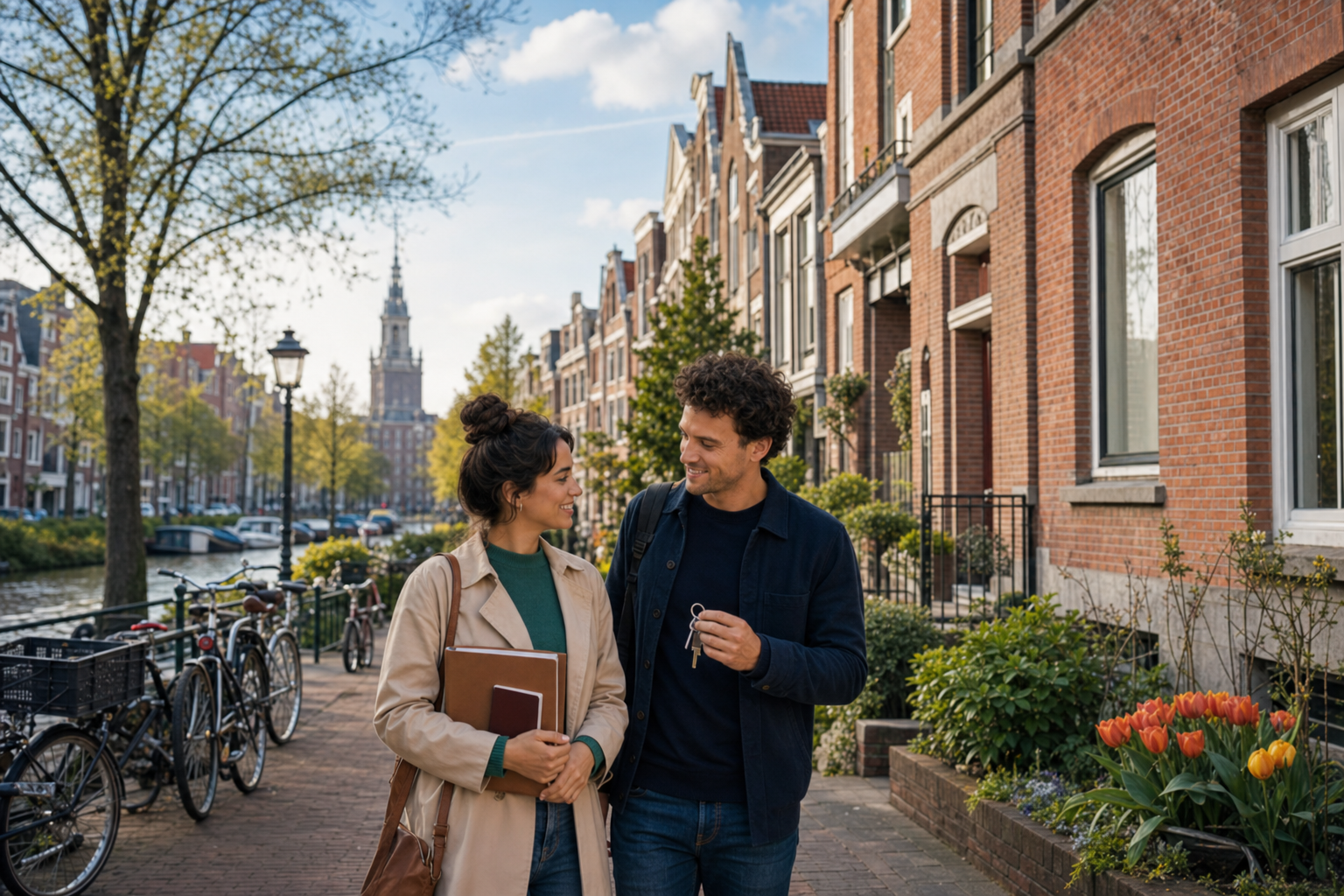 Photo-realistic scene of a quiet Dutch residential street with brick apartments and townhouses, bicycles parked along a tree-lined canal sidewalk, and an international couple walking past with keys and documents on a bright spring afternoon.