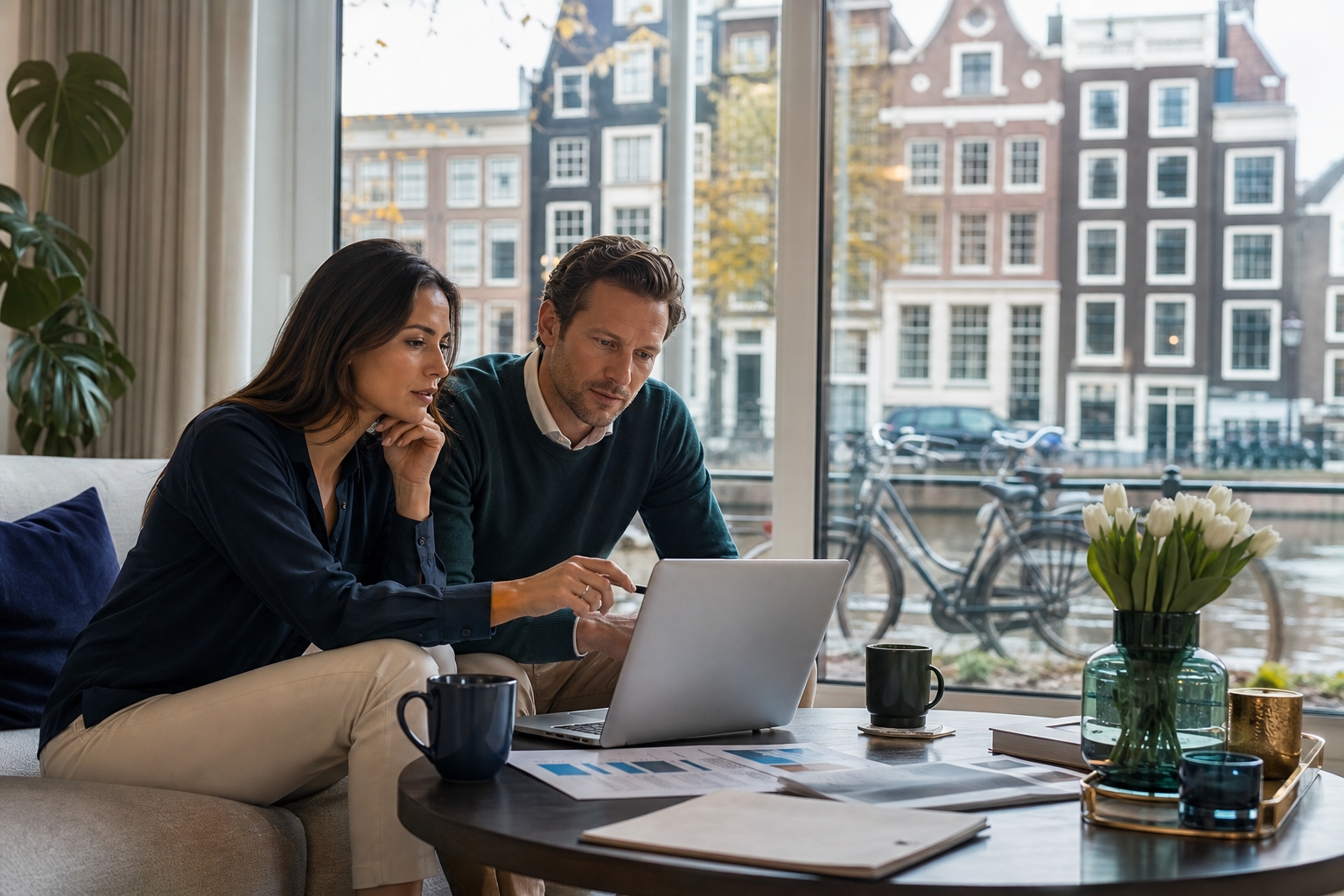 Photorealistic editorial scene of an international couple in a modern Dutch apartment reviewing insurance provider options on a laptop with canal houses and bicycles visible through the window.