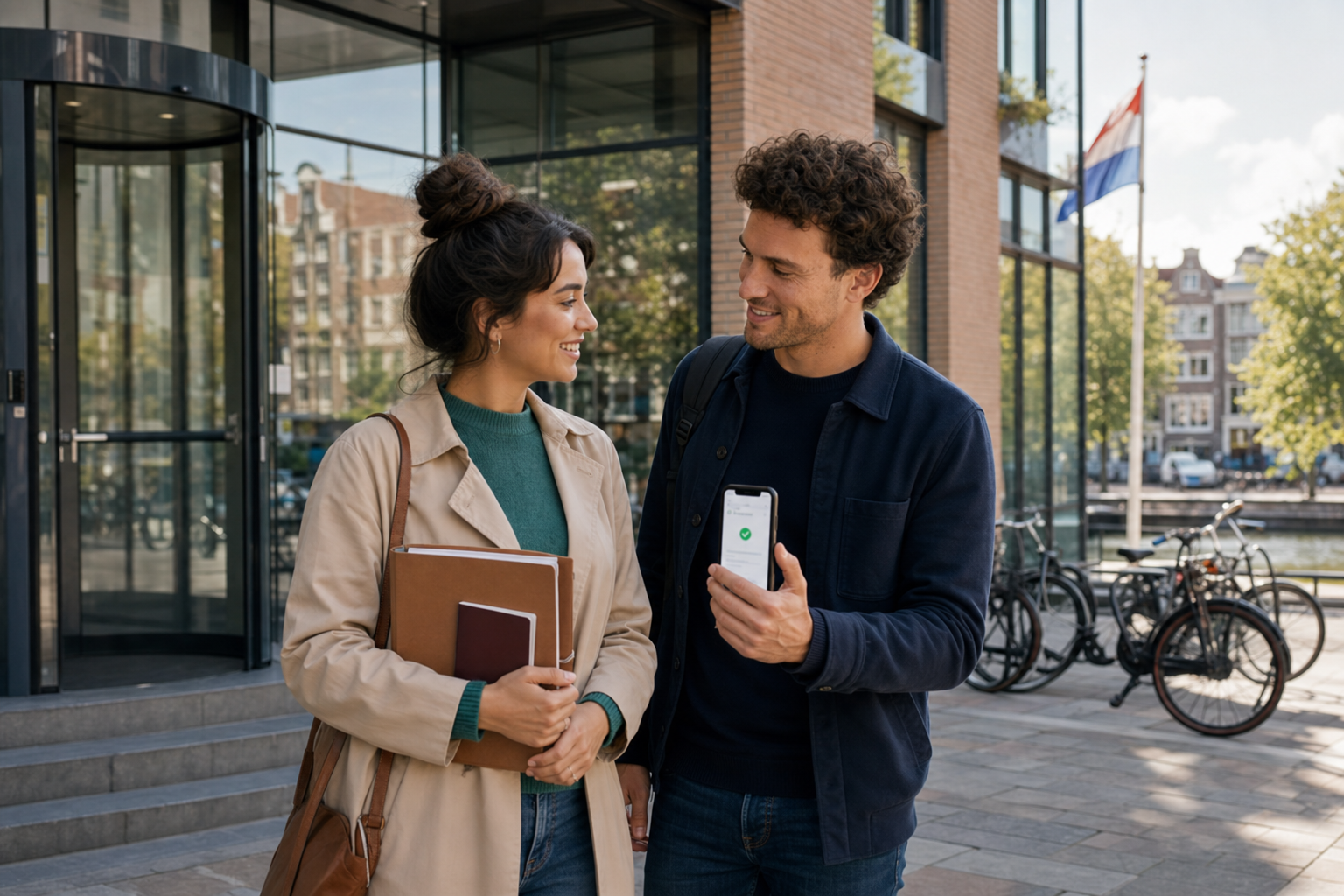 Photorealistic scene of an international couple outside a modern Dutch city hall on a bright morning, with bicycles, canal houses in the background and appointment documents ready for municipality registration.