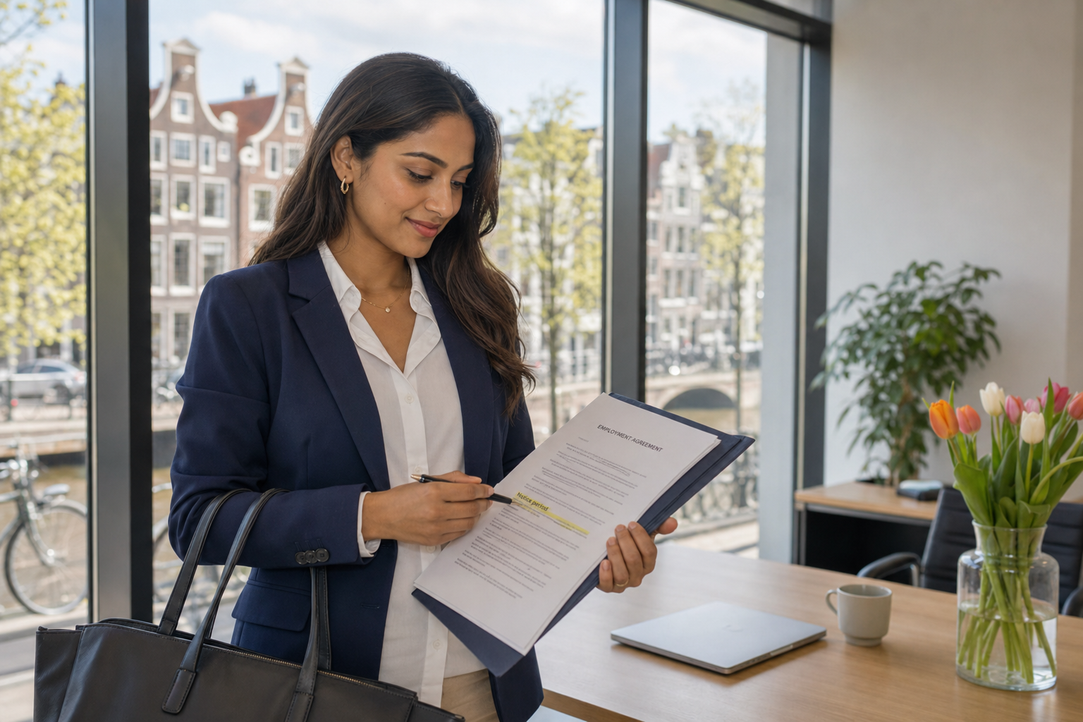Photorealistic editorial photo of an international professional in a bright Amsterdam office reviewing an employment agreement with the notice period clause highlighted, with Dutch canal houses and bicycles visible through the window — calm career-transition atmosphere, not termination imagery.