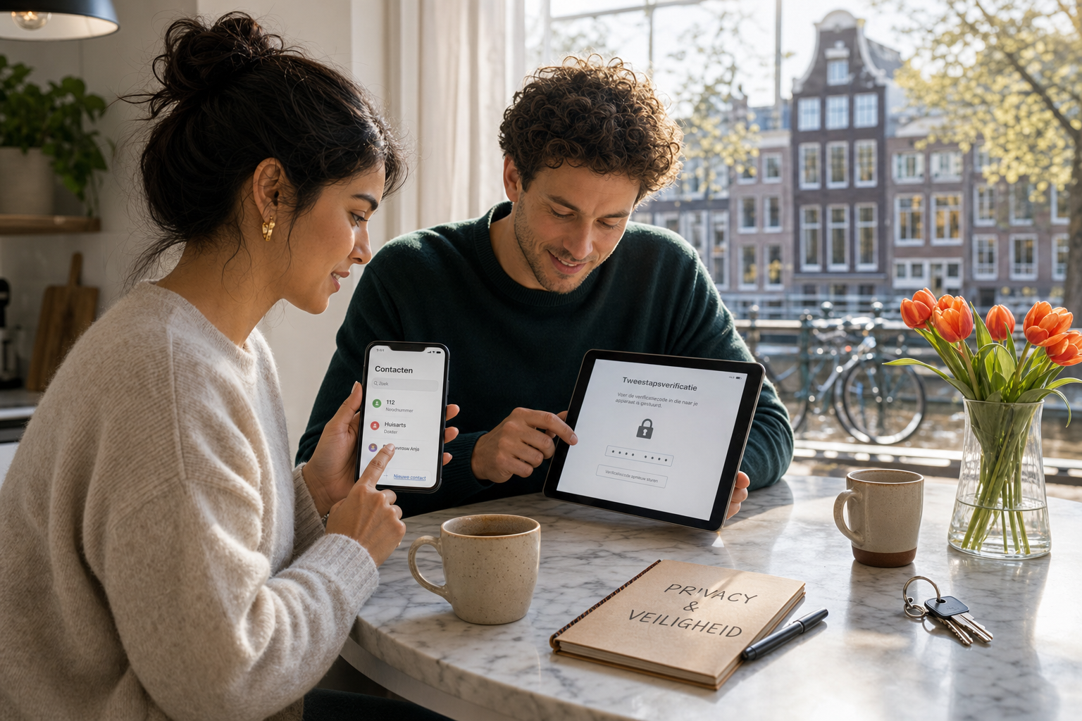 Photorealistic editorial photo of an international couple in a bright Dutch apartment kitchen saving emergency numbers on a phone and reviewing secure login on a tablet, with canal houses and bicycles visible through the window — calm, confident privacy and safety mood without police or fear imagery.