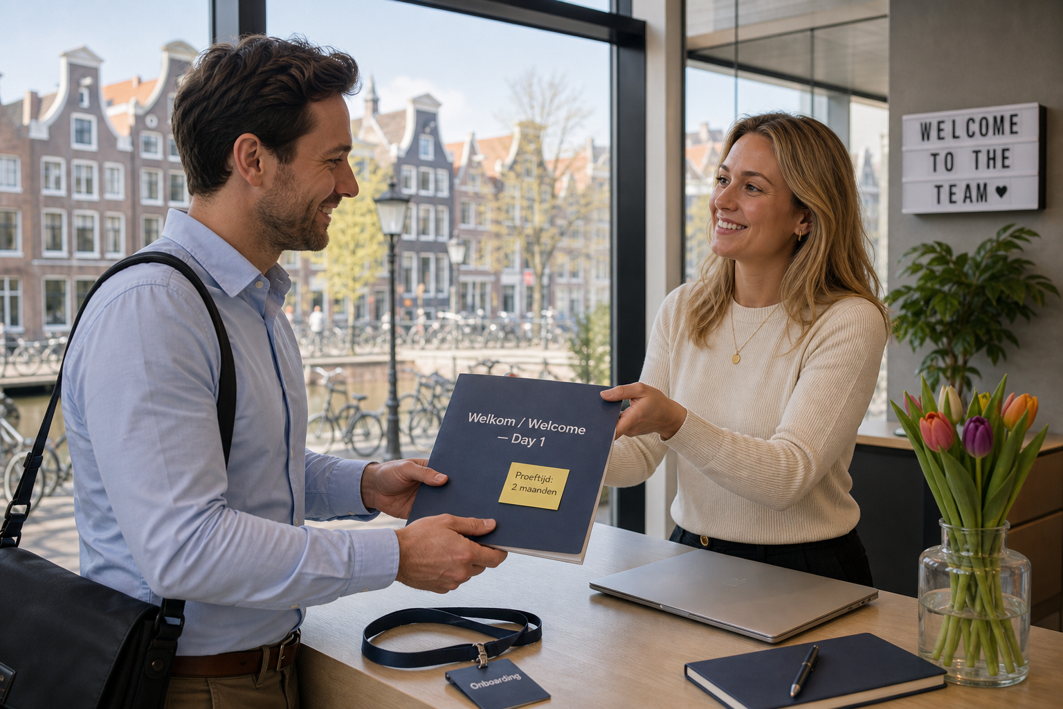 Photorealistic editorial photo of an international professional being welcomed on their first day at a bright Amsterdam canal-side office, receiving an onboarding folder with proeftijd noted while canal houses and bicycles are visible through the window.