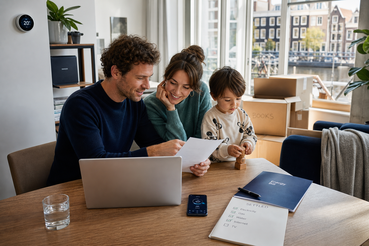 Photorealistic editorial scene of an international family in a modern Dutch apartment reviewing utility setup after moving.