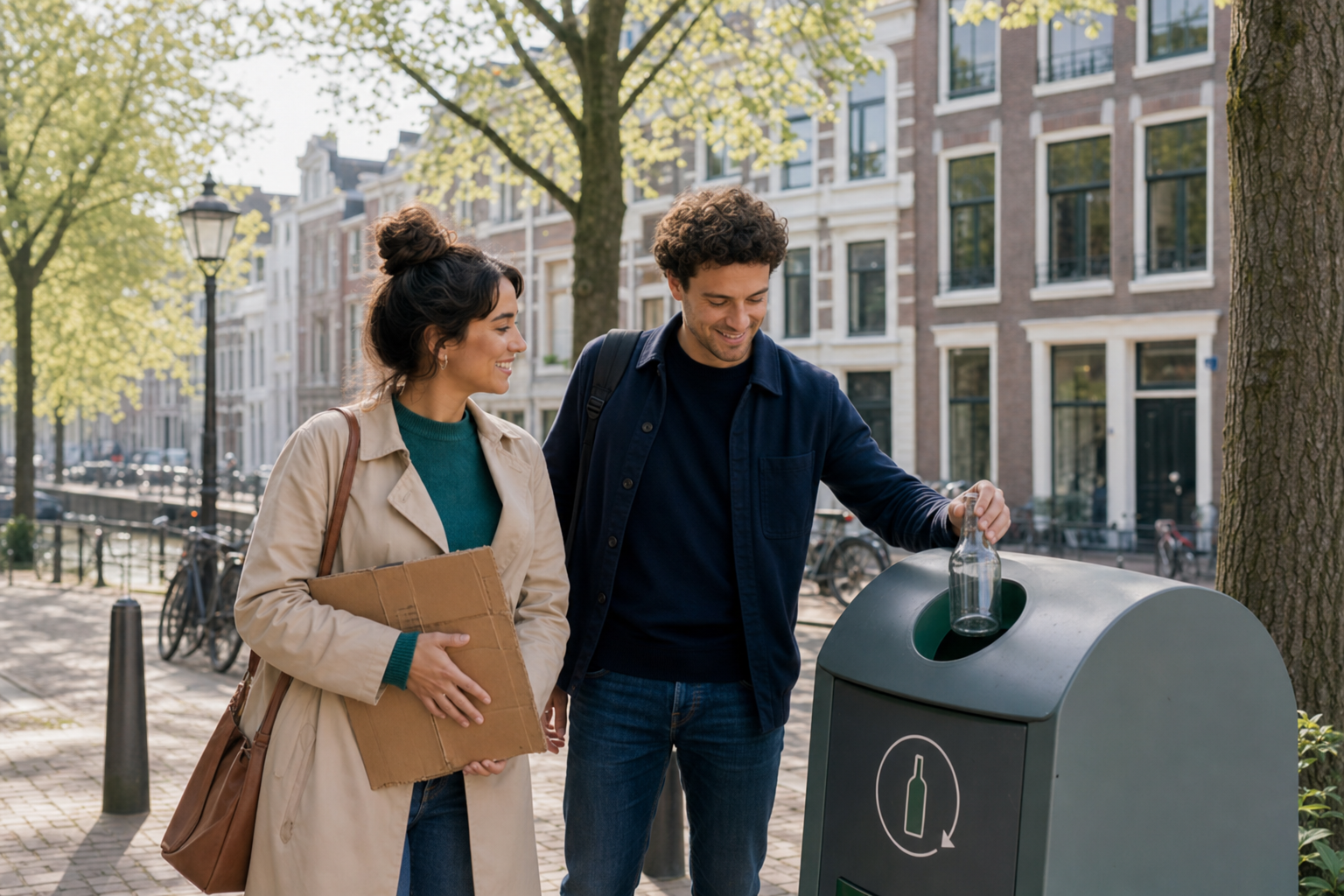 Photorealistic scene of an international couple on a bright Dutch canal-side street sorting recycling at a modern underground waste container — one placing a glass bottle in the glass slot while the other holds flattened cardboard, with brick townhouses, bicycles and tree-lined pavement in the background.