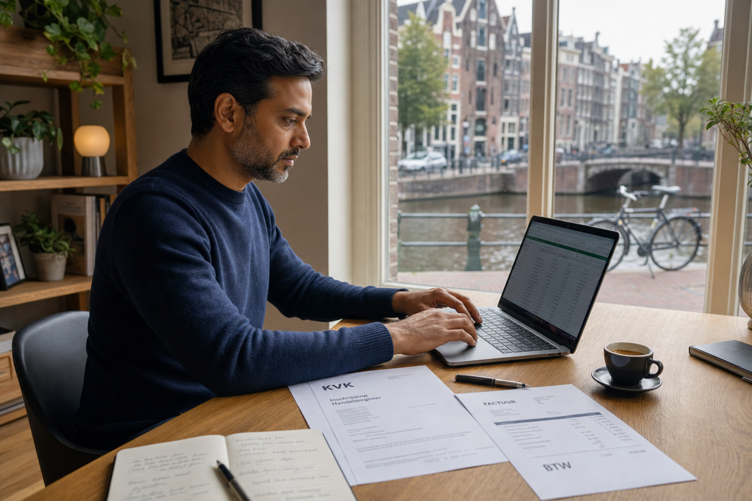 Photorealistic editorial photo of a South Asian ZZP professional at a bright Amsterdam canal-side home office — laptop, KvK registration document, Dutch BTW invoice and notebook on desk, canal houses and bicycle visible through the window.