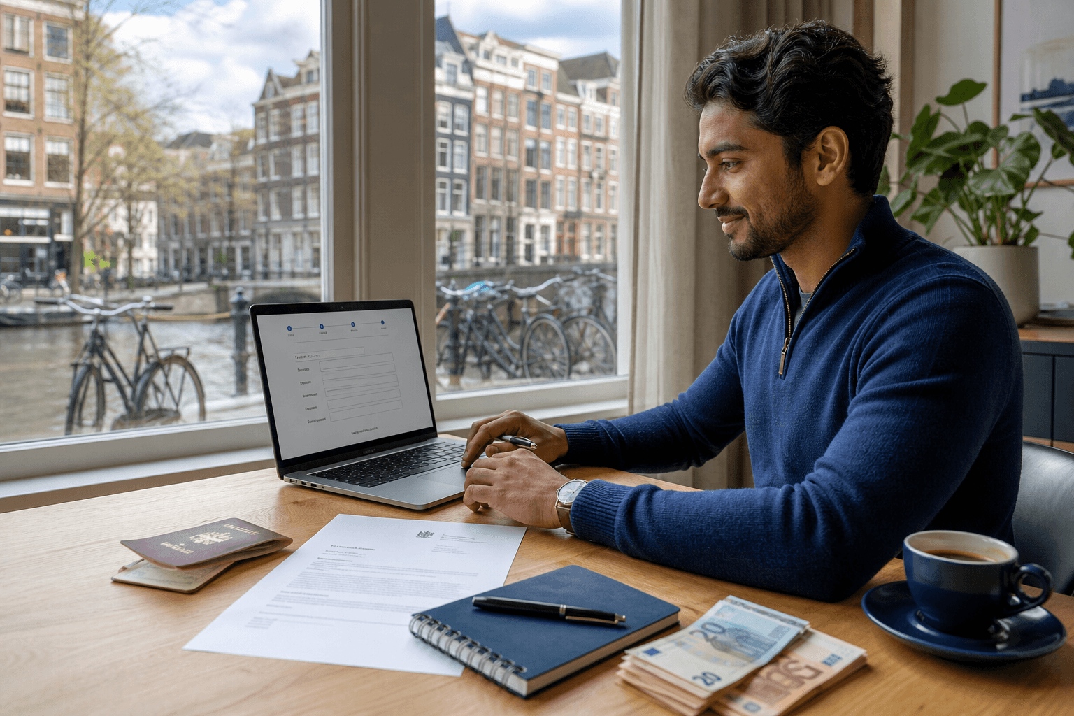 Photorealistic Dutch canal-side desk scene: multicultural expat preparing a bank application with passport, municipality letter, laptop showing a generic banking form, and Euro notes — soft daylight through canal-house windows.