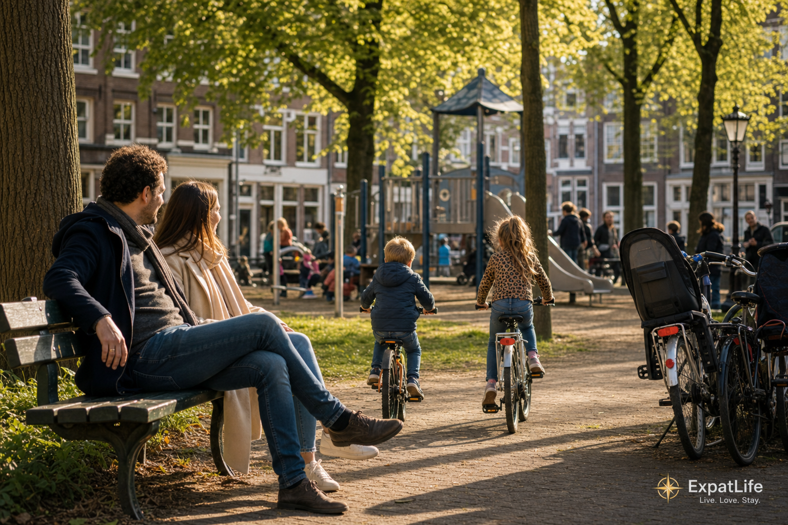Photorealistic golden-hour photo of a multicultural family in a Dutch park — parents on a bench watching their children cycle past a playground, omafiets bicycles with child seats nearby and brick townhouses in the background.