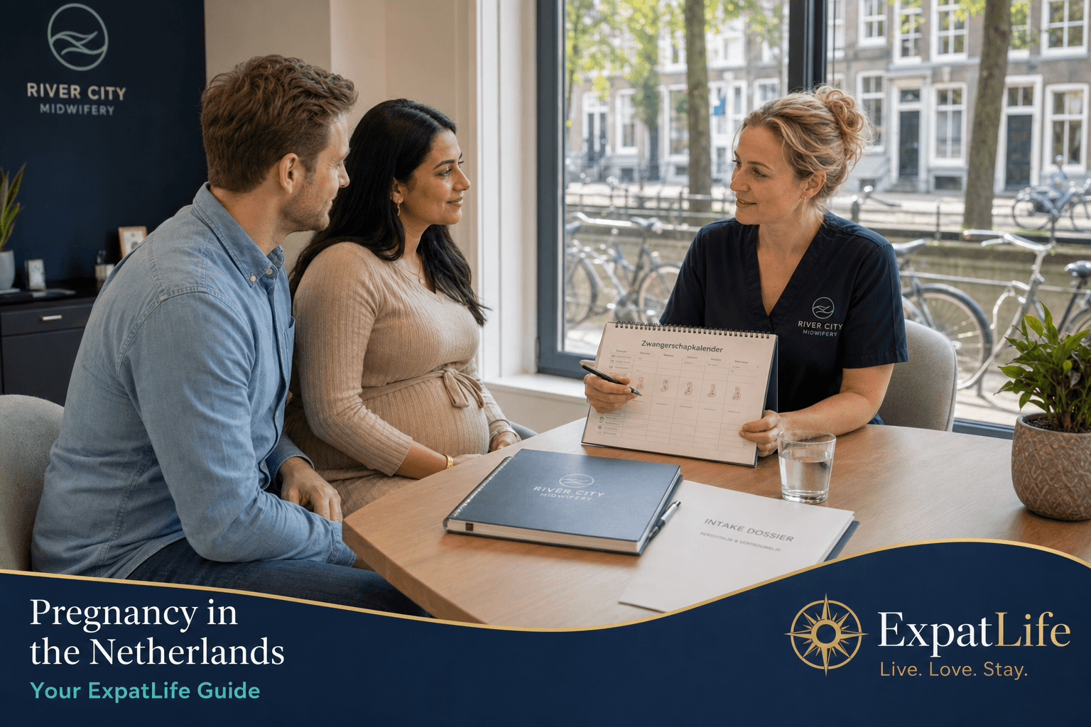 Photorealistic calm Dutch prenatal consultation — multicultural pregnant expat and partner with a verloskundige at a bright neighbourhood practice desk, pregnancy calendar and notebook on the table, soft canal-street light, welcoming atmosphere, no graphic birth scenes.
