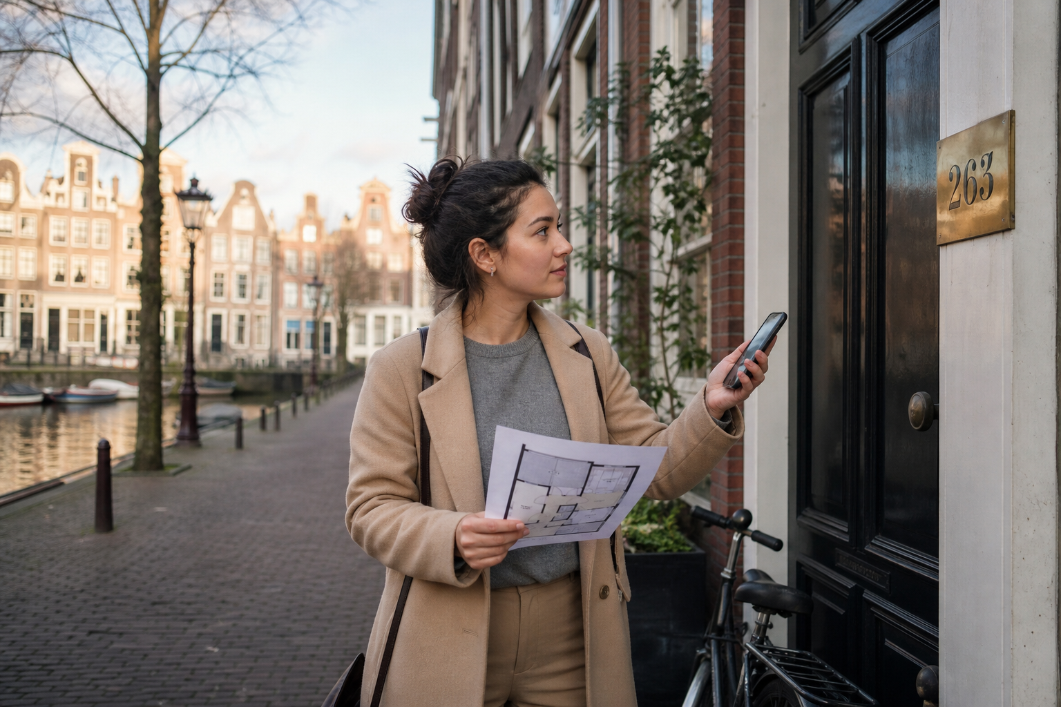 Photorealistic editorial photo of a young international professional verifying a rental listing on her smartphone against the brass house-number plaque of a classic Amsterdam canal house before a viewing — printed floor plan in hand, bicycle against the brick facade, soft late-afternoon light on the canal street.