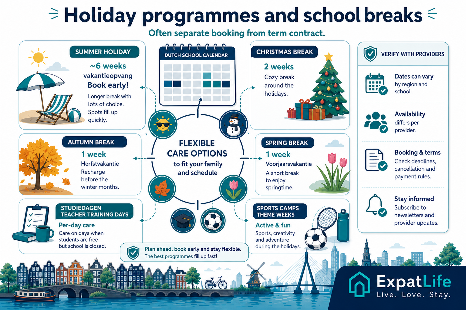 Premium school holiday calendar showing summer, Christmas, spring and autumn camps with study day coverage.