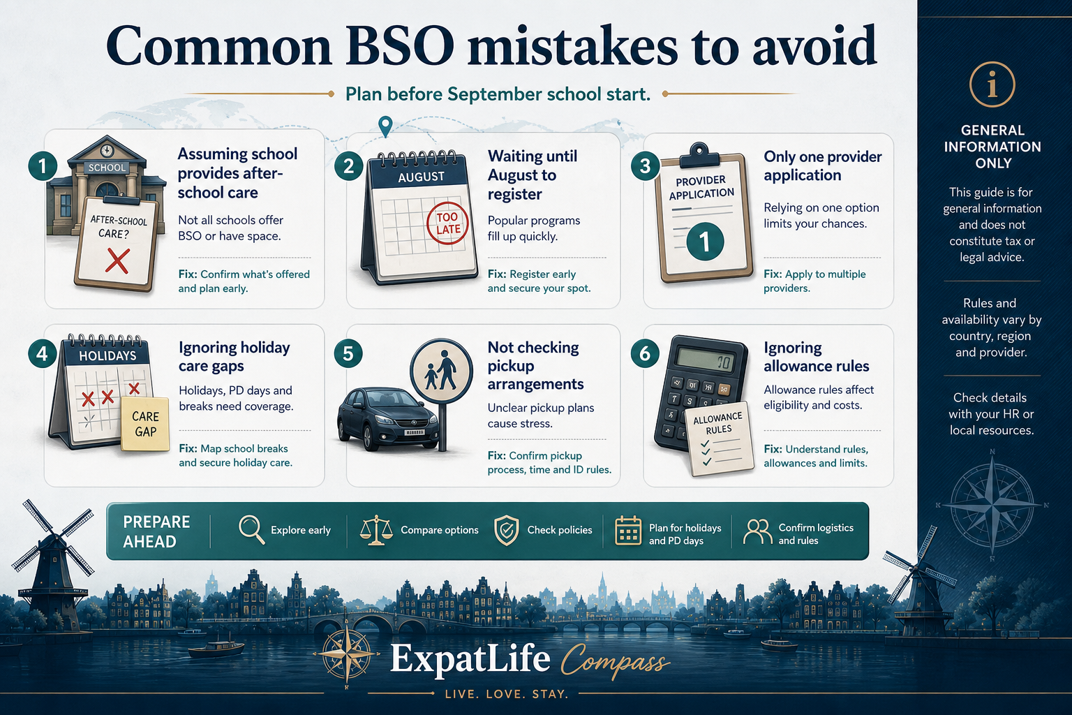 Premium common BSO mistakes board covering late registration, single-provider reliance and holiday gaps.