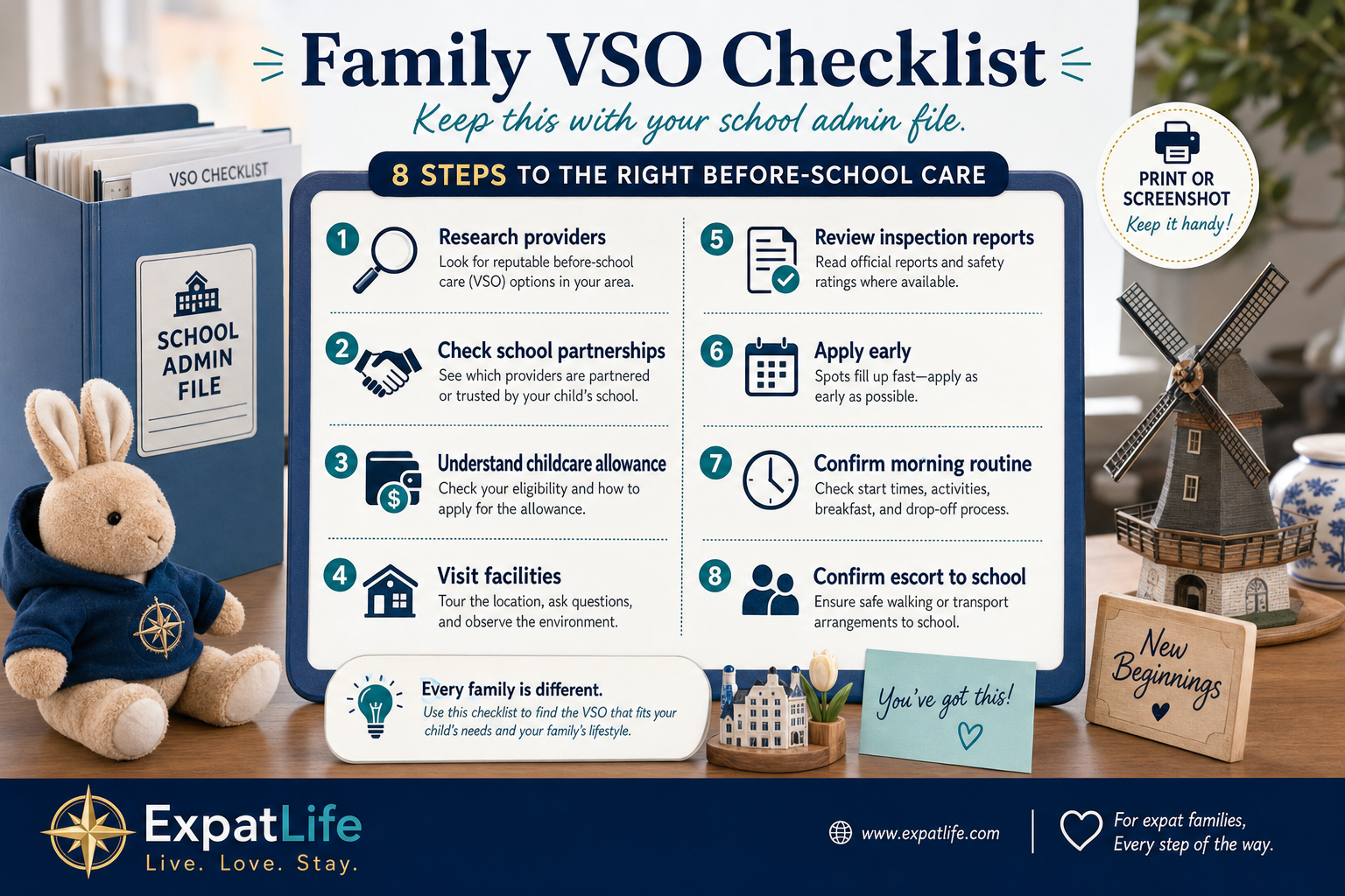 Premium expat VSO planning checklist from school confirmation through LRK check, visits and allowance application.