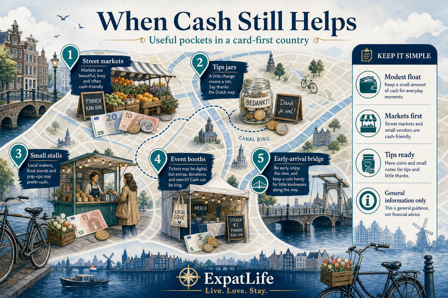 Premium map-style board of places cash still helps in the Netherlands — street markets, tips jars, small stalls, some events, and early-arrival gaps before a Dutch debit card works — checklist rail with General information only note.