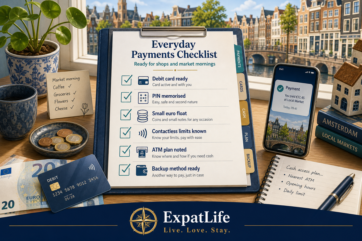 Premium everyday payments checklist board — debit card ready, PIN memorised, small euro float, contactless limits known, ATM plan noted, and How payments work bookmarked for iDEAL — ExpatLife brand footer with compass and Live. Love. Stay.