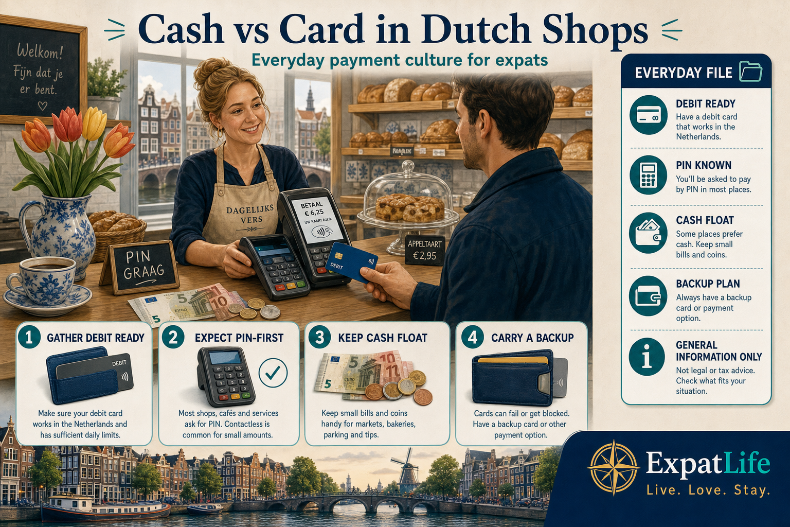 Premium orientation board titled Cash vs Card in Dutch shops — four building blocks: expect PIN-first, keep a small cash float, learn contactless limits, and match method to the place — right-side Everyday file rail lists debit ready, PIN known, cash float and backup plan.