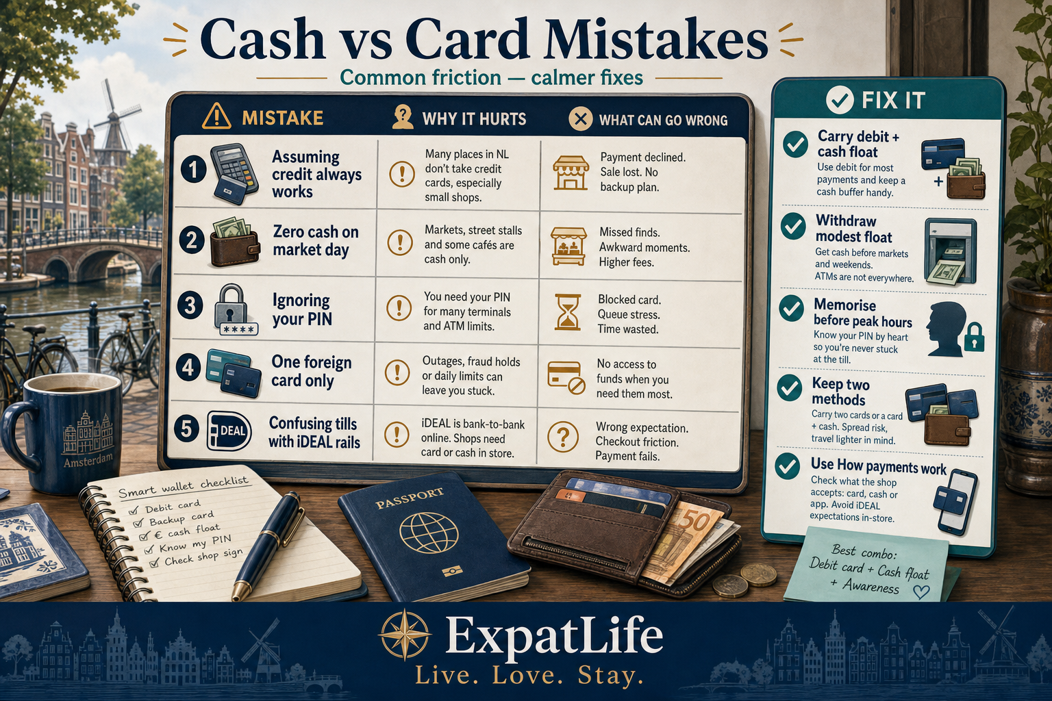 Premium mistakes board for Netherlands cash vs card — assuming credit always works, arriving with zero cash, ignoring PIN, tapping without a backup, and confusing this page with payment-rails deep dives — Fix tips on a right-side rail.