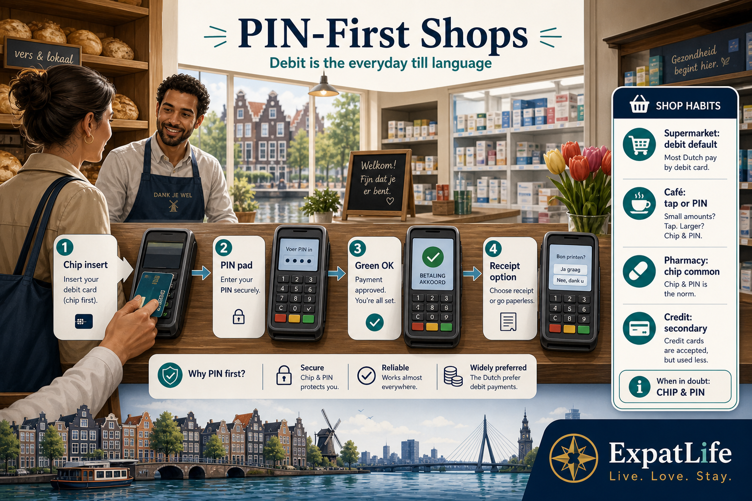 Premium Dutch shop desk scene showing a PIN terminal pathway — chip insert, PIN pad, green OK, receipt option — with a right-side Shop habits rail for supermarket, café and pharmacy — canal backdrop and ExpatLife brand area.