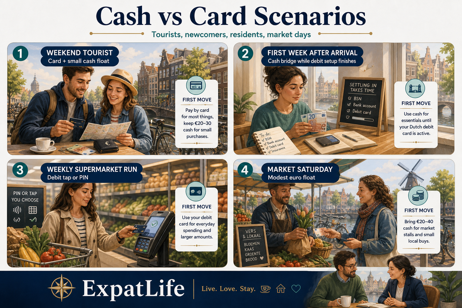 Premium four-scenario board for cash vs card — tourist weekend, first week after arrival, weekly supermarket run, and market Saturday — each with a recommended first move and backup method.