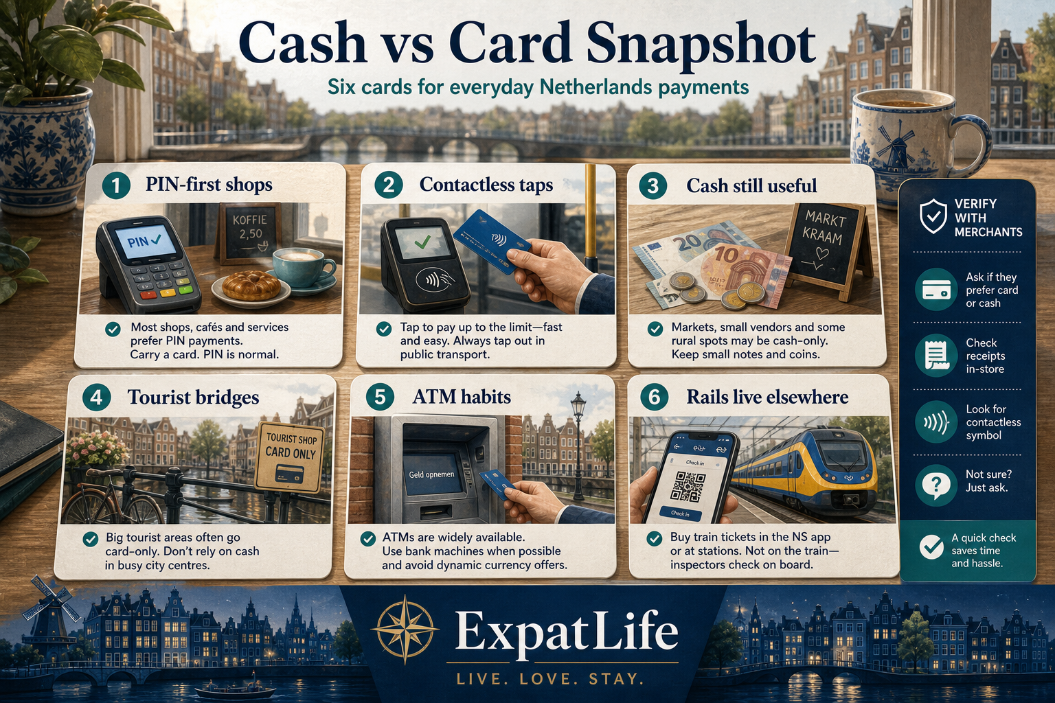 Premium six-card snapshot of Netherlands payment culture — PIN-first shops, contactless taps, cash still useful, tourist bridges, ATM habits, and a pointer to payment rails — Dutch canal skyline band and ExpatLife brand footer with compass and Live. Love. Stay.