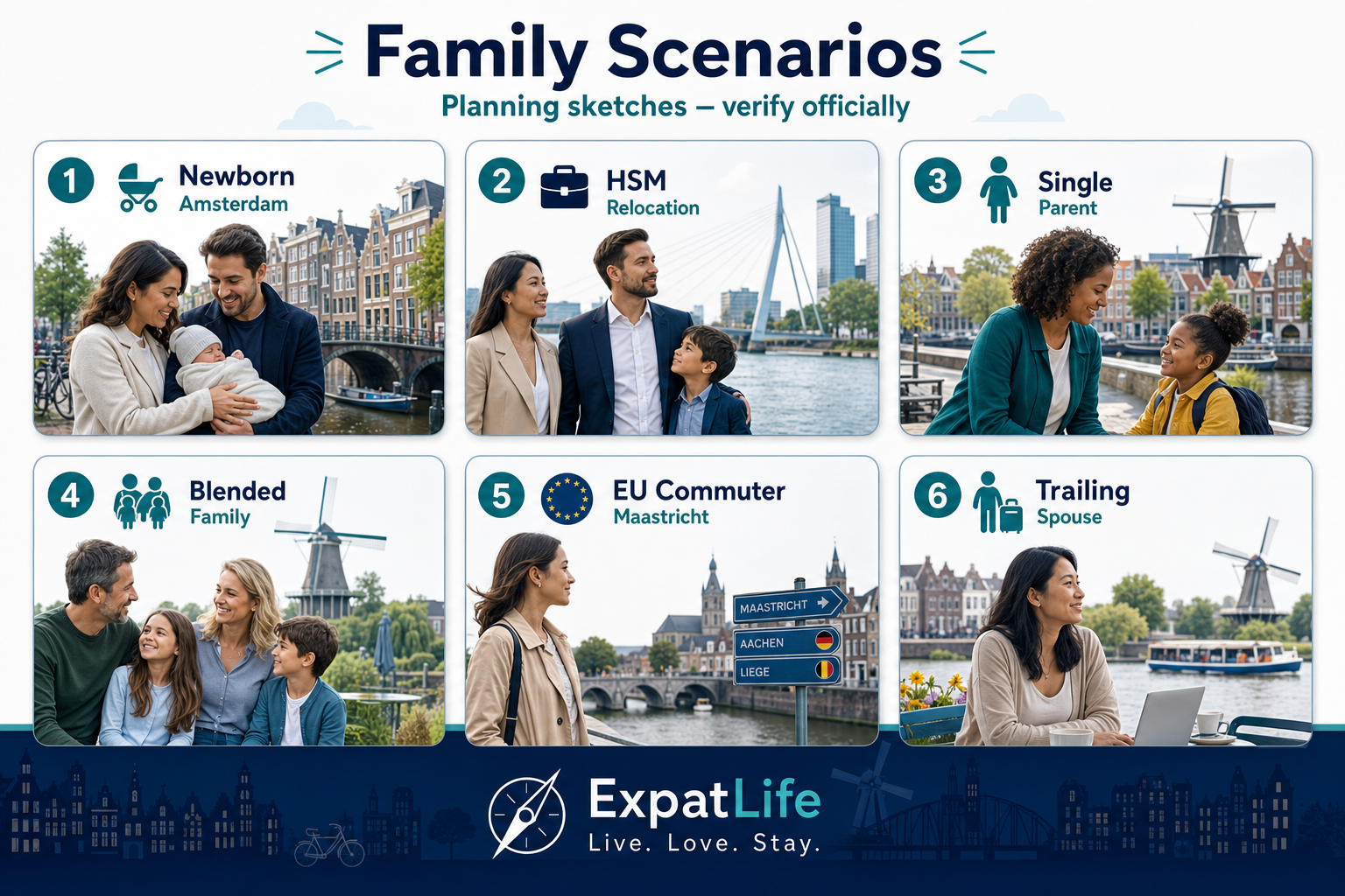 Premium family scenario board — newborn, dual-income relocation, single parent, blended family and cross-border household sketches.