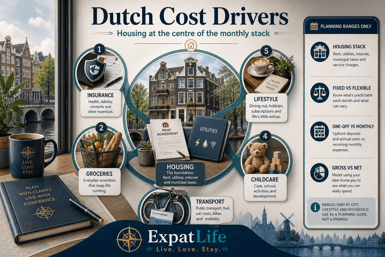 Premium ecosystem diagram of Dutch cost drivers — housing at the centre, then insurance, groceries, transport, childcare and lifestyle — Planning ranges only rail, canal backdrop, ExpatLife brand footer.