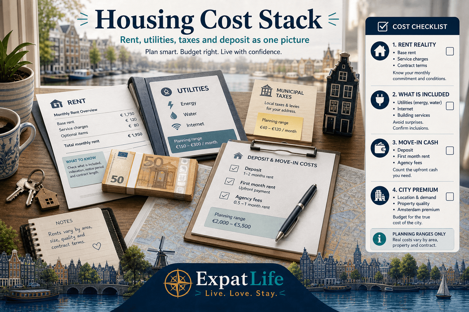 Premium housing-cost desk scene — rent letter, utilities folder, municipal taxes note and deposit checklist — Amsterdam apartment window light, ExpatLife brand area with compass and Live. Love. Stay.