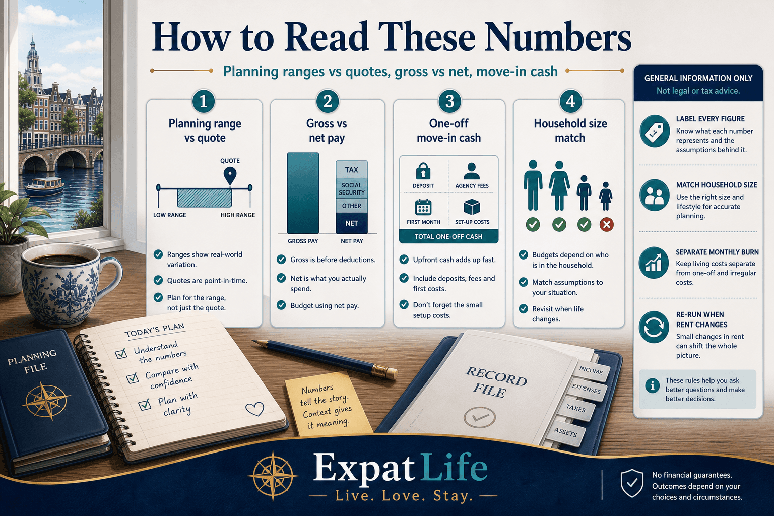 Premium how-to-read-numbers board — planning range vs quote, gross vs net pay, one-off move-in cash, household size — General information only rail, ExpatLife brand footer with compass and Live. Love. Stay.