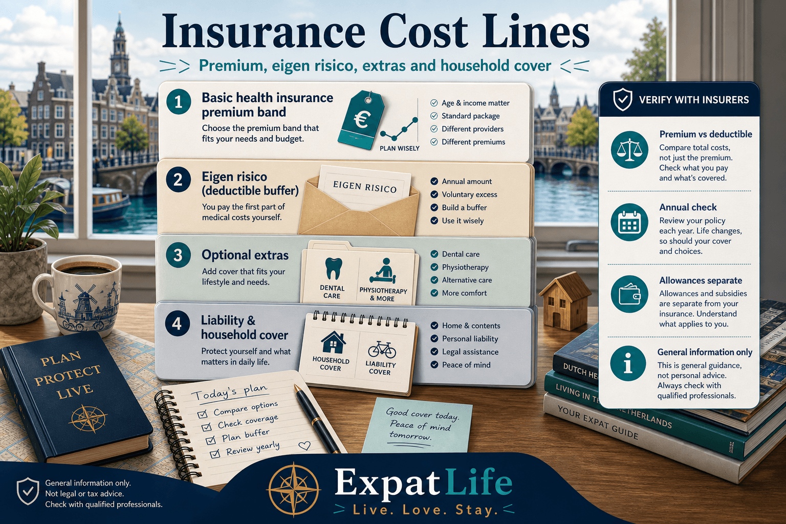 Premium insurance costs board — basic health insurance premium band, deductible (eigen risico), optional extras, liability and household — Verify with insurers rail, ExpatLife brand footer.