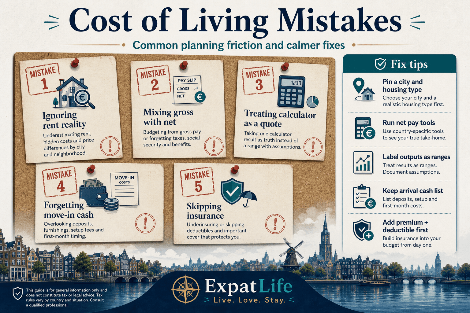 Premium mistakes board for Netherlands cost of living — ignoring rent reality, mixing gross with net, treating calculator output as a quote, forgetting move-in cash, skipping insurance — Fix tips on a right-side rail.