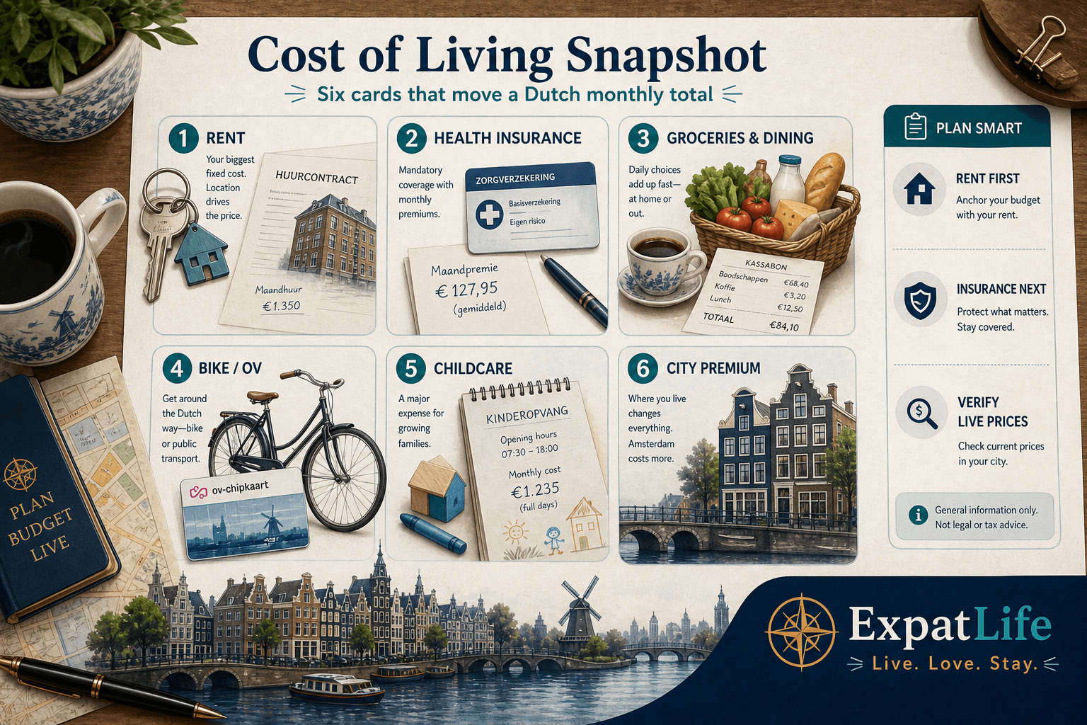 Premium six-card snapshot of Dutch living costs — rent leads, mandatory health insurance, groceries and dining, bike or OV, childcare if relevant, and city premium — Dutch canal skyline band and ExpatLife brand footer with compass and Live. Love. Stay.