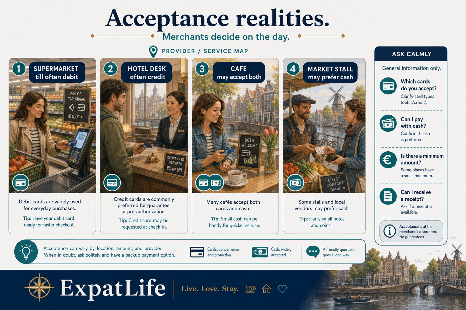 Premium acceptance reality board — supermarket till often debit, hotel desk often credit, café may accept both, market stall may prefer cash — Ask calmly rail and ExpatLife brand area.