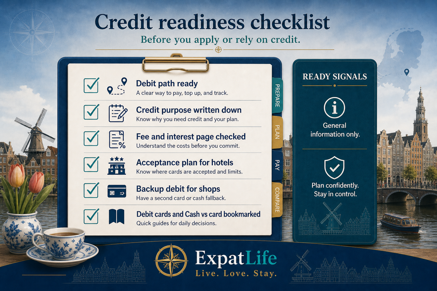Premium credit readiness checklist board — debit path ready, credit purpose written down, fee and interest page checked, acceptance plan for hotels, backup debit for shops, Debit cards and Cash vs card bookmarked — ExpatLife brand footer with compass and Live. Love. Stay.